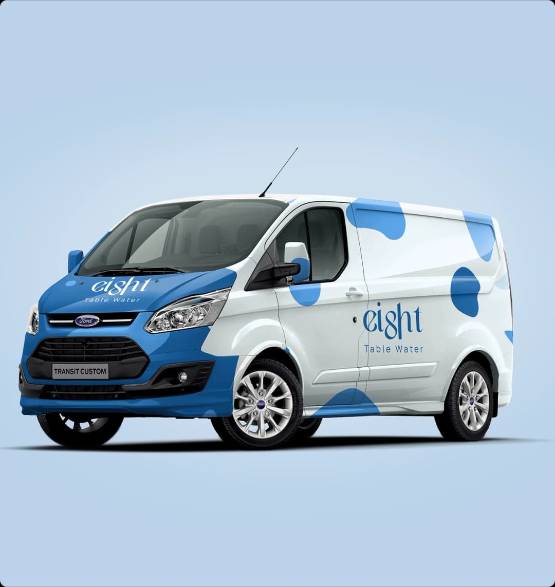 Eight water branded bus