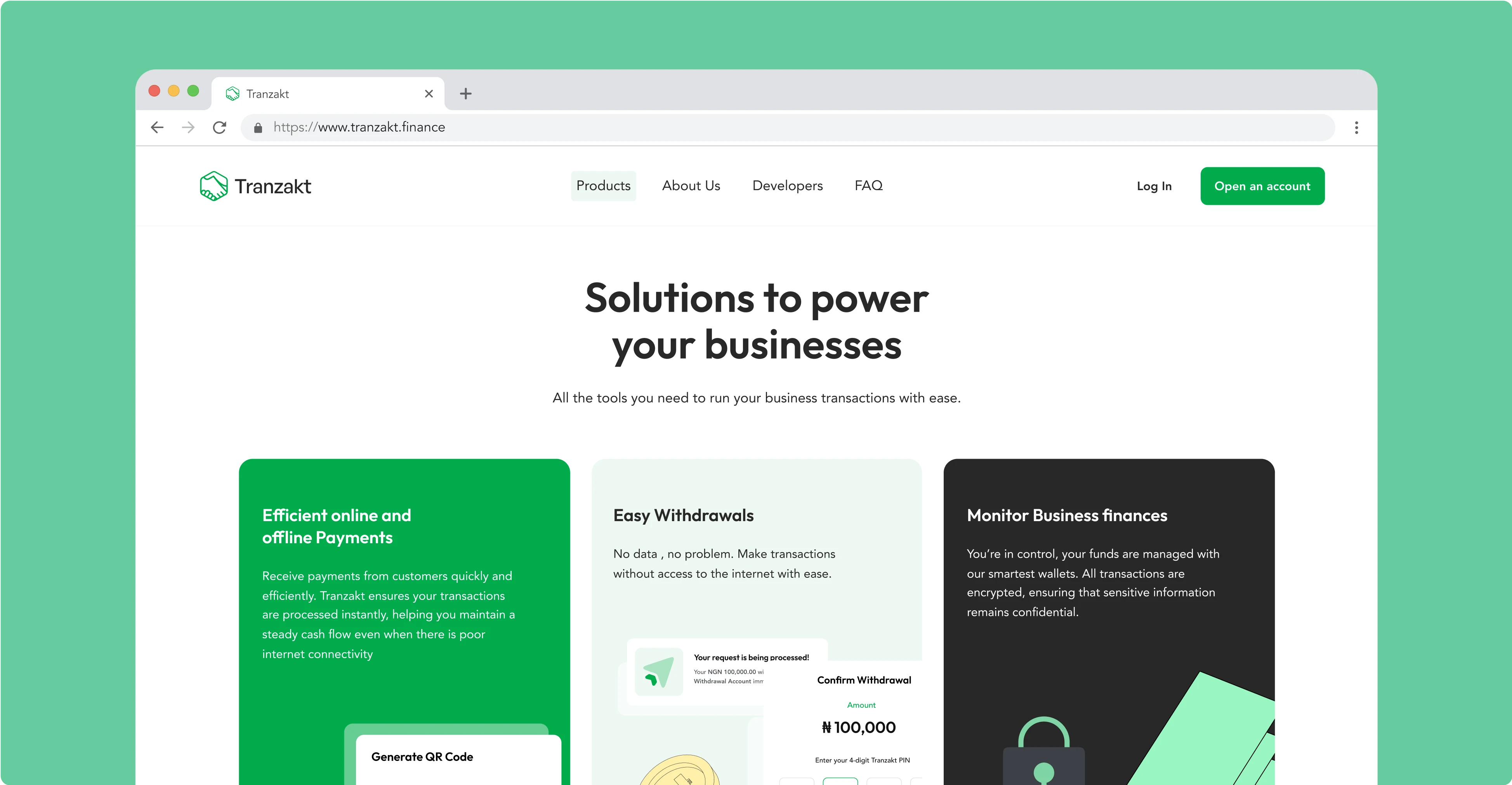 desktop view of the tranzakt web app